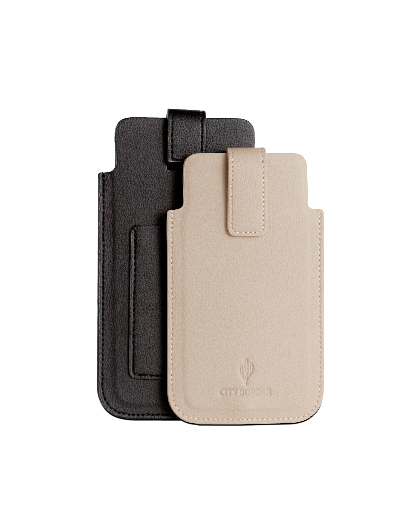 Die beige und schwarze Bastei Handyhülle von City Border liegen nebeneinander auf einer Oberfläche, ideal für jedes Smartphone. Handyhülle Universal.